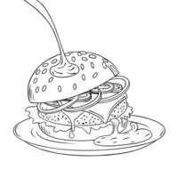 A simple line illustration of a burger served on a plate with sauce being poured. Perfect for design materials, coloring books, or creative food projects. vector