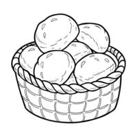 Black and white outline illustration of bread rolls in a woven basket. Perfect for coloring books, bakery logos, menu designs, or culinary themed graphic projects vector
