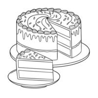 Drawing of a three-layer cake with a separated slice served on a small plate, decorated with cream and simple toppings. Ideal for creative food themed designs. vector