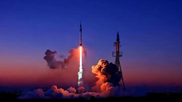 Rocket launch pad into space. Throttle rocket engines starting with thrust fuel coming out photo