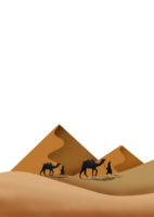 A desert scene with camels and people walking png