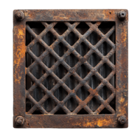 Old rusty metal grid with corroded surface and industrial texture isolated on transparent background png