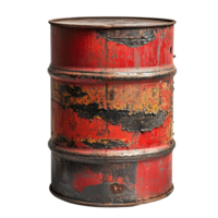 Aged metal barrel with weathered surface rust dents and vibrant colors isolated on transparent background png