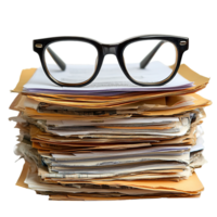 Black Frame Reading Glasses Placed on Multiple Stacks of Business Files Isolated on Transparent Background png