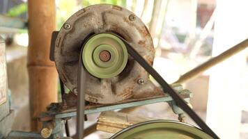Close Up of Vintage Motor with Belt Drive System Showcasing Mechanical Components and Industrial Machinery Technology in Motion video