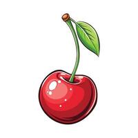 a red cherry with a green leaf on it vector