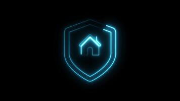 Glowing neon line Home security Shield icon animation isolated on black background video