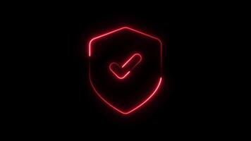 Glowing neon line Shield check mark icon animation isolated on black background video