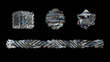 3d crystals are shown in various geometric shapes on a black background, rotating slowly video