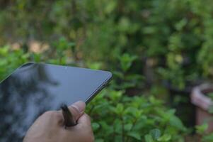 Close-Up of Hand Holding Tablet in Lush Green Garden Background photo