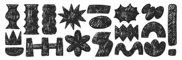 Set of abstract funky shapes with crayon, pastel or chalk texture. Star, flower, wave, label and oval . Black illustration on a white background. vector