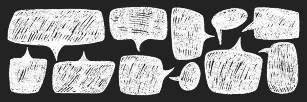 Set of speech bubbles with chalk, pencil and crayon texture in black color. Handwriting text boxes for a school dialog or chat. White illustration on a blackboard. vector