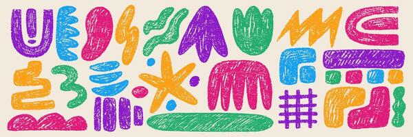 Set of abstract organic shapes with star, flower, wave and grid. Rough organic figures with crayon, chalk or pastel texture. Color illustration in retro style. vector