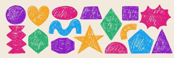 Set of geometric shapes with square, triangle, circle and star with crayon, pastel or chalk texture. Grunge multicolor illustration in retro style. vector