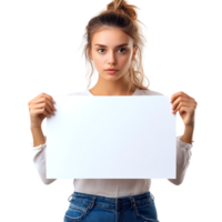 Young Woman Holding Blank Sign Against Transparent Background for Advertisement Templates, Marketing Promotions, or Customizable Designs png
