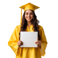 Woman in Yellow Graduation Gown Holding a White Diploma Against Transparent Background for Education-Themed Designs, Graduation Invitations, or Academic Branding png