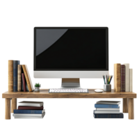 Wooden Office Desk with Computer Keyboard, Mouse, and Books Against Transparent Background for Work-from-Home Branding, Productivity Designs, or Office Mockups png