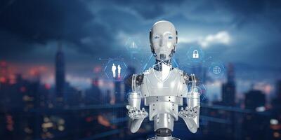 Advanced AI Robot System in Futuristic City Environment with Data photo