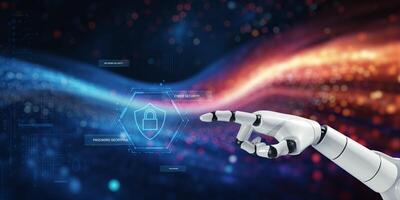 Futuristic AI Robot Hand Interacting with Cybersecurity Interface photo