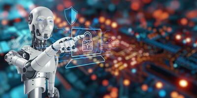 Futuristic Robot Protecting Digital Data and Cybersecurity Concept photo