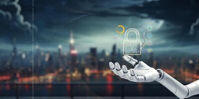 Futuristic Robot Hand Displaying Digital Security Lock Concept photo