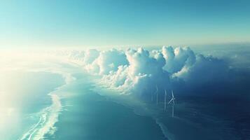 A view of the ocean from above with clouds and wind turbines photo