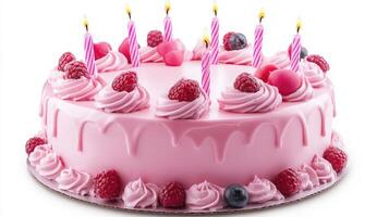 A pink birthday cake with candles on it photo