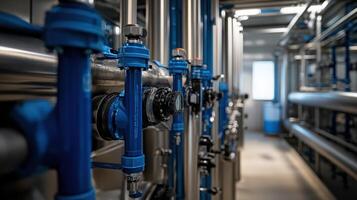 A close up of pipes and valves in a factory photo