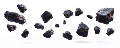 Dark Gray Rock Fragments Levitating Against White Background photo