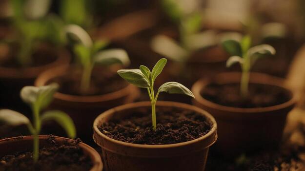 Closeup Of Seedlings In Terracotta Pots photo