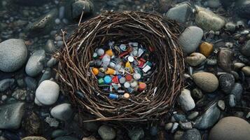 Bird's Nest Filled with Plastic Debris on Rocky Shoreline photo