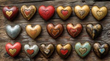 Decorative Hearts Pattern On Rustic Wooden Background photo