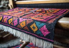 Colorful Handwoven Rug on Loom photo