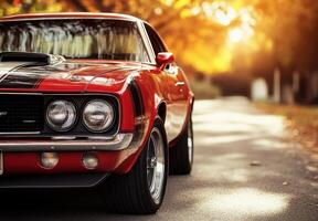 Classic Red Muscle Car In Autumn Sunlight photo