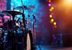 Drum Set On Stage With Vibrant Lighting photo