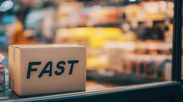 Fast Cardboard Box In A Blurred Store Interior photo