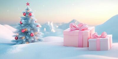 Christmas Tree And Pink Gifts On Snowy Landscape photo
