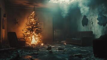 Burning Christmas Tree In A Destroyed Room photo
