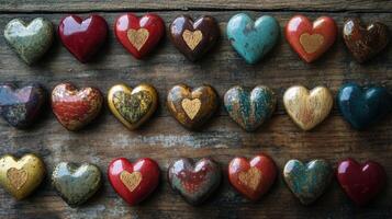 Colorful Ceramic Hearts on Rustic Wood Background photo