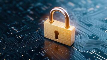Golden Padlock On Circuit Board Illustrates Digital Security photo