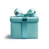 Teal Gift Box With Ribbon Bow On White Background photo