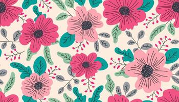 Spring pink flowers seamless pattern on a light background with green leaves. Graphic design. vector