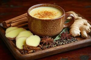 Warm spiced ginger tea with cinnamon, star anise, and fresh ginger photo