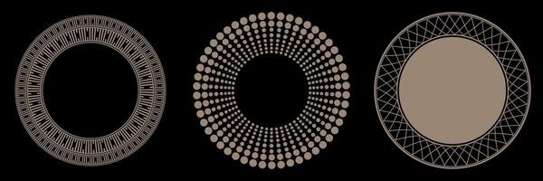 Set of gold circle frames with halftone dots. Round gold frames with abstract geometrical ornament. Templates for printing postcards, invitations, embroidery, porcelain, textiles, engraving, ceramics vector