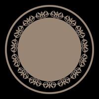 Oriental gold round frame with arabesques and floral motifs. Abstract gold ornament with place for your text. Beautiful round frame arabesque. For round surfaces, utensils, embroidery, porcelain vector