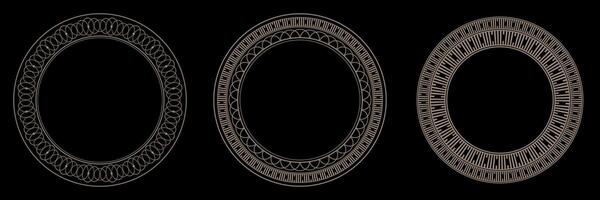Set of vintage gold round frames on black background. Round gold frames with abstract geometrical ornament. Templates for printing postcards, invitations, embroidery, porcelain, textiles, engraving vector