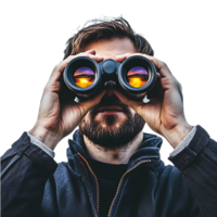 Man Holding Binocular and Looking Through Against Transparent Background png