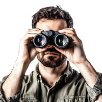 Man Holding Binoculars and Looking, Through Against Transparent Background png