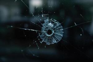 Bullet hole in shattered glass with radial cracks and dark background photo