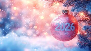 Christmas ball with the year 2026 is hanging on pine tree against snowy winter. Background with free space photo